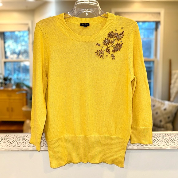 Talbots Yellow Jeweled Cotton and Cashmere blend Sweater Three Quarter Sleeves M - Picture 4 of 7